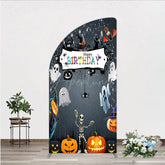 Aperturee - Aperturee Spooky Halloween Birthday Half Moon Arch Backdrop Cute Ghost Skeleton and Pumpkin A Little Boo is Due Party Decor